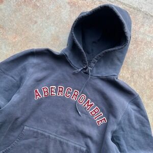 VTG Abercrombie & Fitch Mens Distressed Arch Logo Hoodie Faded Navy Blue XL